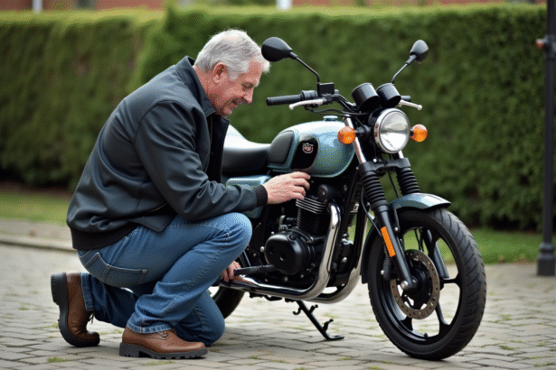 Homme inspectant la roue d'une moto Dax en extérieur