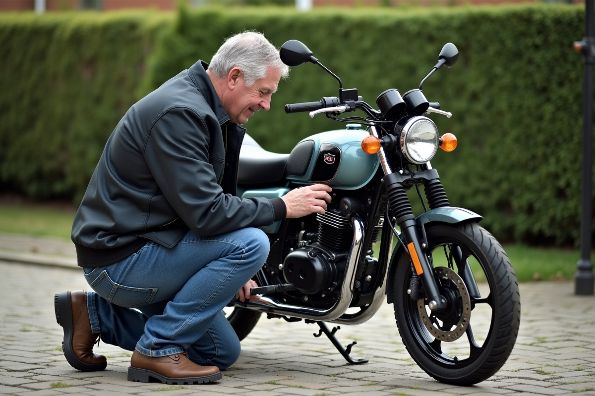 Homme inspectant la roue d'une moto Dax en extérieur