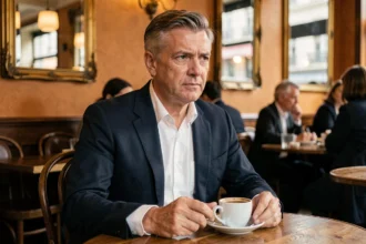 Homme élégant et pensif attablé seul dans une brasserie parisienne, regard discret et posture réservée évoquant la vie privée et la confidentialité
