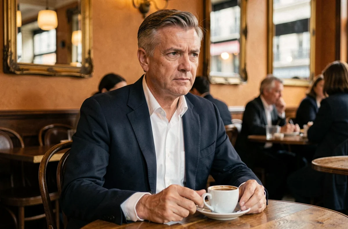 Homme élégant et pensif attablé seul dans une brasserie parisienne, regard discret et posture réservée évoquant la vie privée et la confidentialité