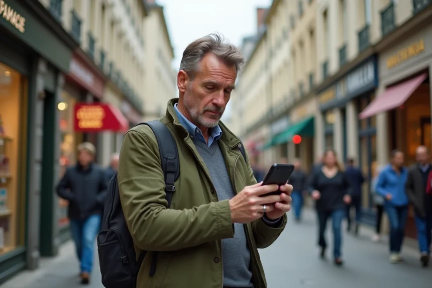 Homme consultant son téléphone dans une rue pour trouver un bureau de tabac à proximité
