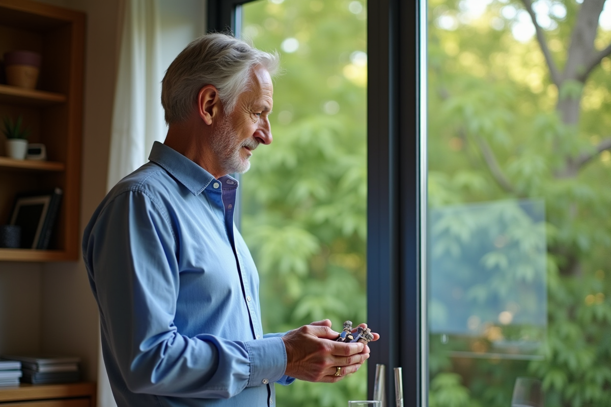 Homme regardant des objets dans un bureau moderne et calme