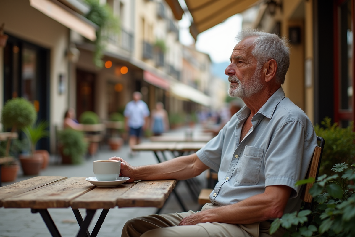 Homme âgé dégustant un café dans un café de rue