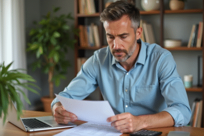 Homme concentré sur ses documents de location dans un intérieur lumineux