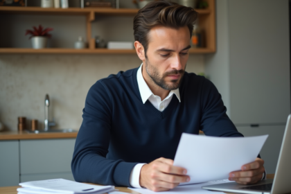 Homme en chemise blanche et pull bleu examine documents de location