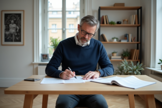 Homme d'âge moyen examinant documents de location et impôts