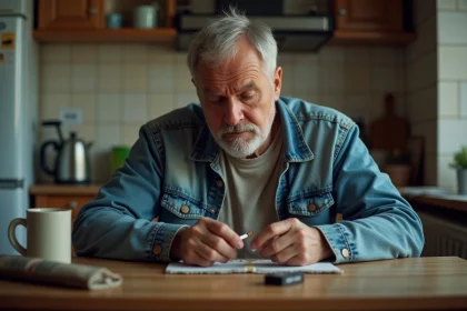 Homme d'âge moyen roulant une cigarette dans une cuisine modeste