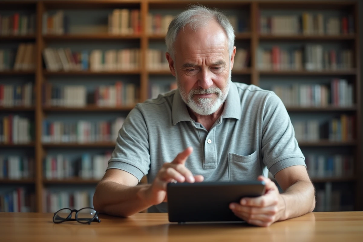 Homme senior utilisant une tablette numérique dans une bibliothèque publique pour consulter un site web
