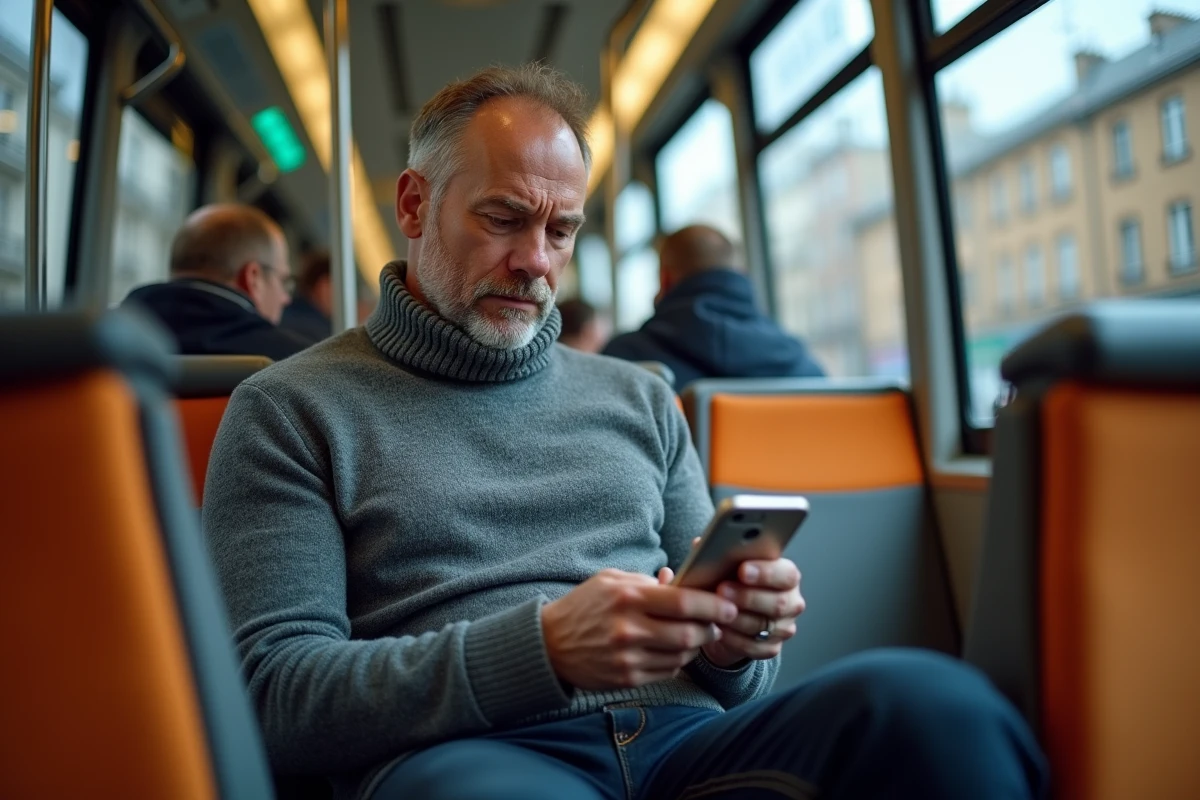 Homme consultant le plan du tram de Bordeaux sur smartphone dans le tramway en heure de pointe