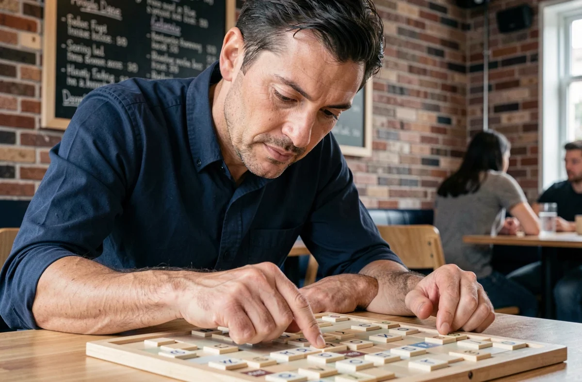 Homme concentré sur une stratégie de Scrabble avec des mots courts dans un café moderne