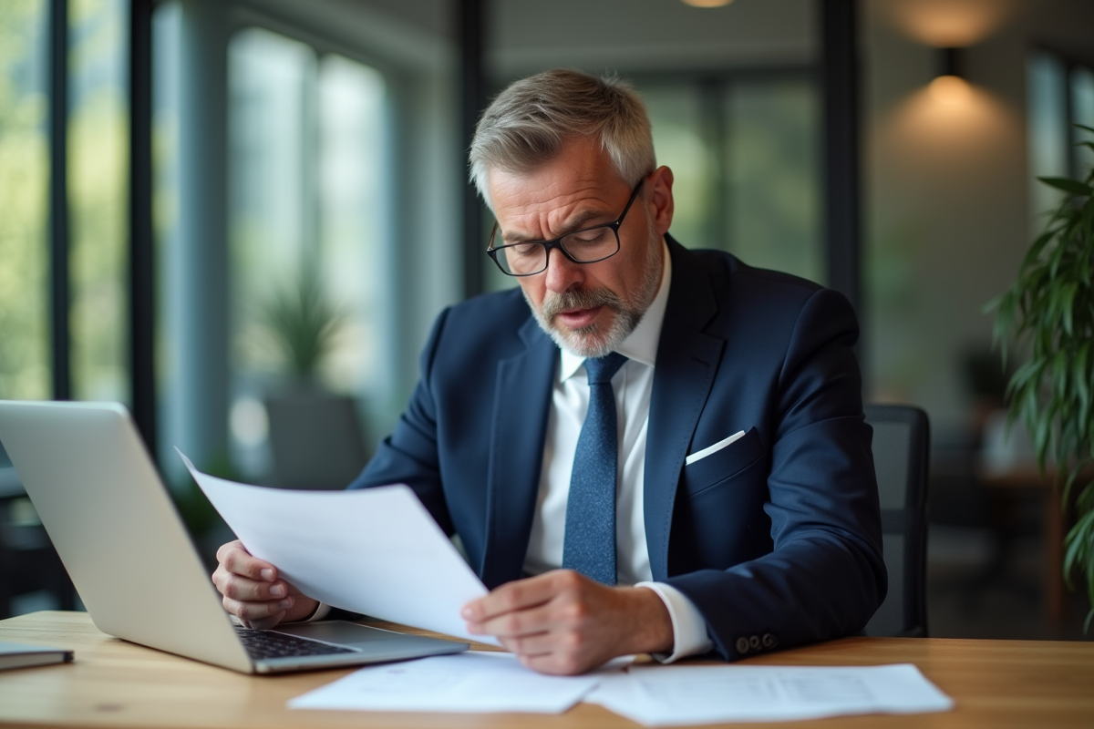 Homme en costume bleu examinant des documents immobiliers