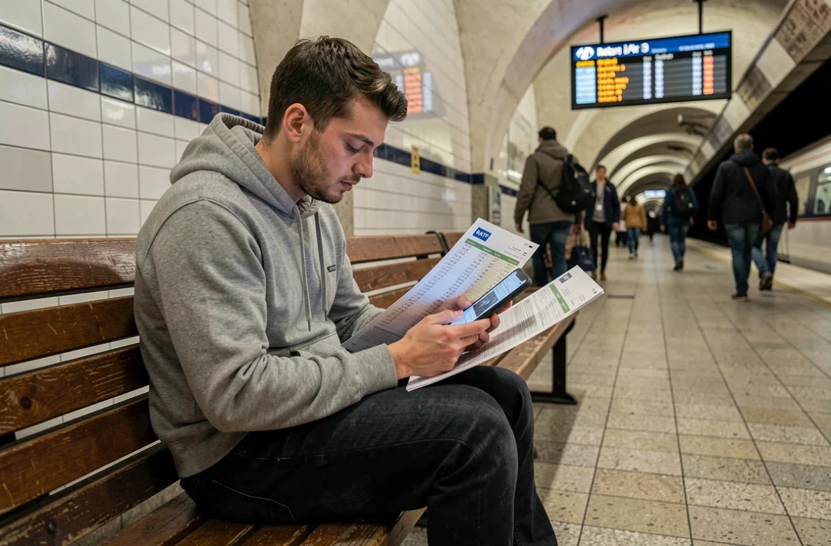 Homme comparant les tarifs RATP et forfaits Navigo sur smartphone dans le métro parisien