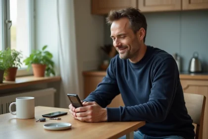 Homme dans la cuisine tenant un vieux téléphone Sony Ericsson