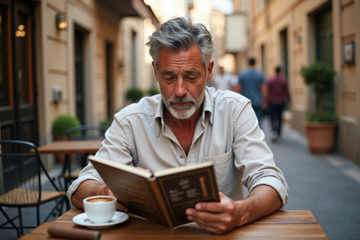 Un homme détendu dans la cinquantaine consulte un guide de comparaison de prix de cigares sur une tablette en terrasse de café avec un cigare de luxe posé sur la table