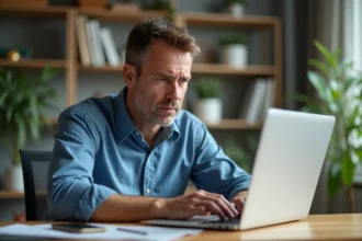 Homme d age moyen au bureau à domicile en réflexion