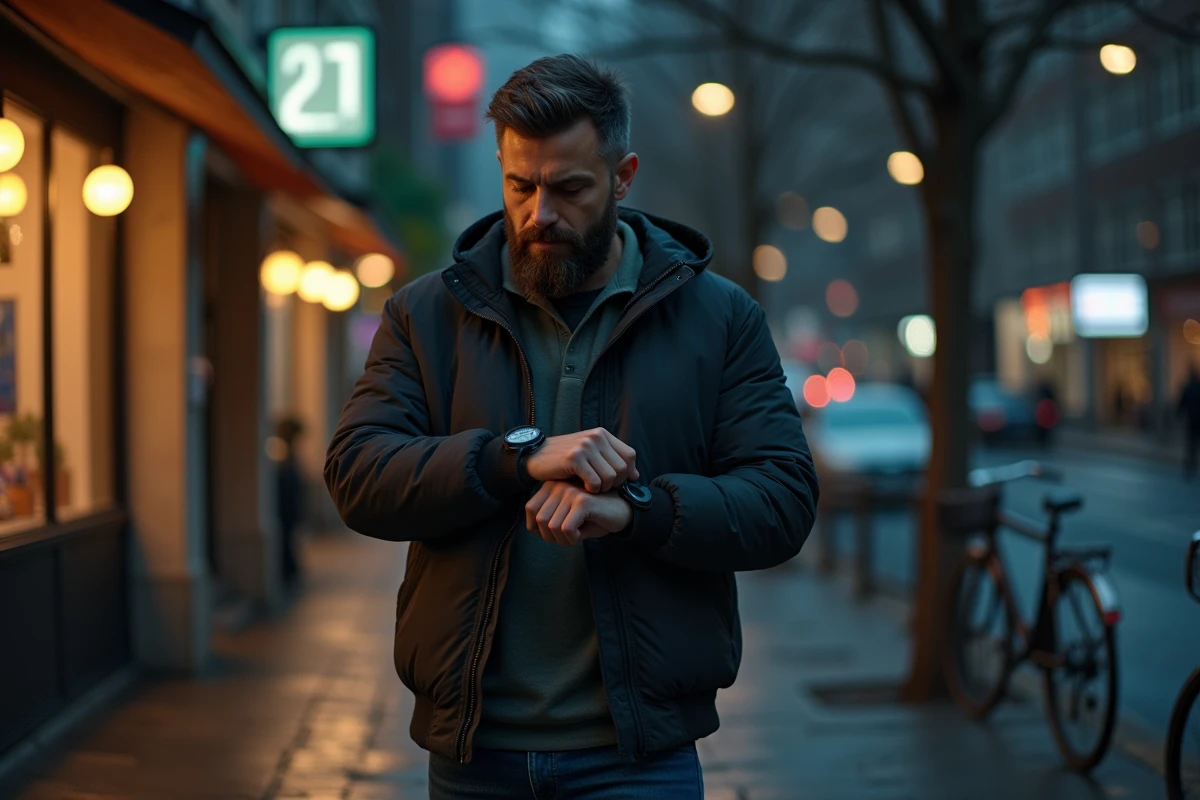 Homme vérifiant sa montre sur un trottoir urbain la nuit