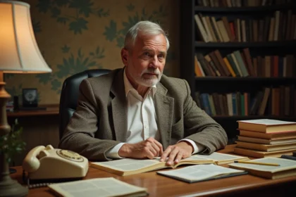 Homme d age moyen lisant manga français dans un décor vintage