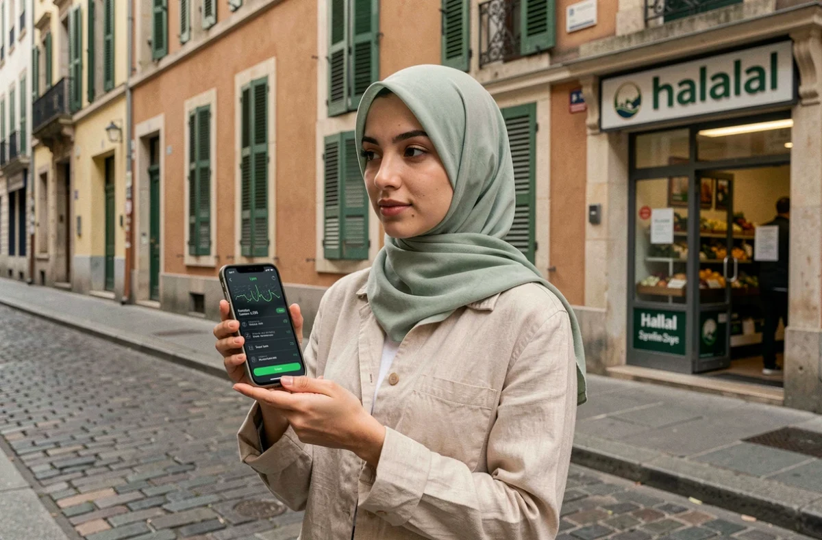 Jeune femme musulmane consultant l'horaire du Ramadan 2026 sur smartphone dans le quartier de la Guillotière à Lyon