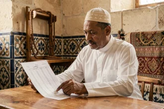 Homme consultant l'horaire du Ramadan dans une mosquée de Lyon, tenant une feuille de programme de prière