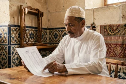Homme consultant l'horaire du Ramadan dans une mosquée de Lyon, tenant une feuille de programme de prière