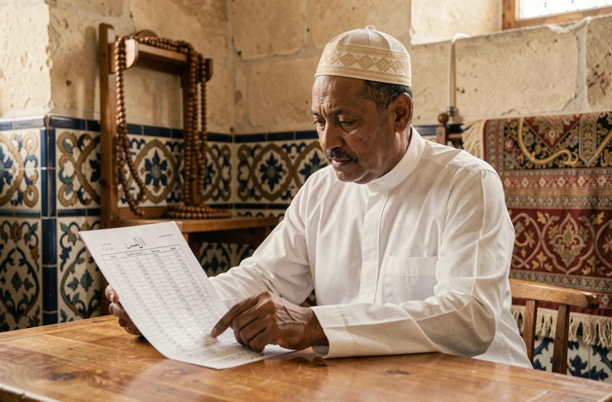 Homme consultant l'horaire du Ramadan dans une mosquée de Lyon, tenant une feuille de programme de prière