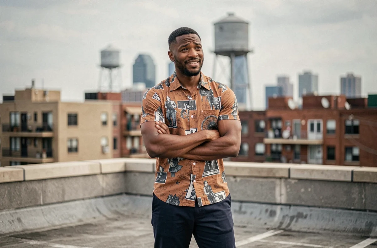 Humoriste noir en tenue décontractée sur un rooftop urbain, expression ironique avec skyline de ville en arrière-plan