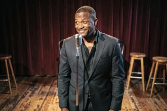 Humoriste noir en costume sombre sur scène de comedy club avec microphone vintage, regard expressif et sourire ironique