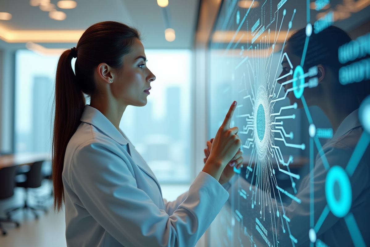 Ingénieure examinant un schéma de circuits quantiques dans une salle lumineuse