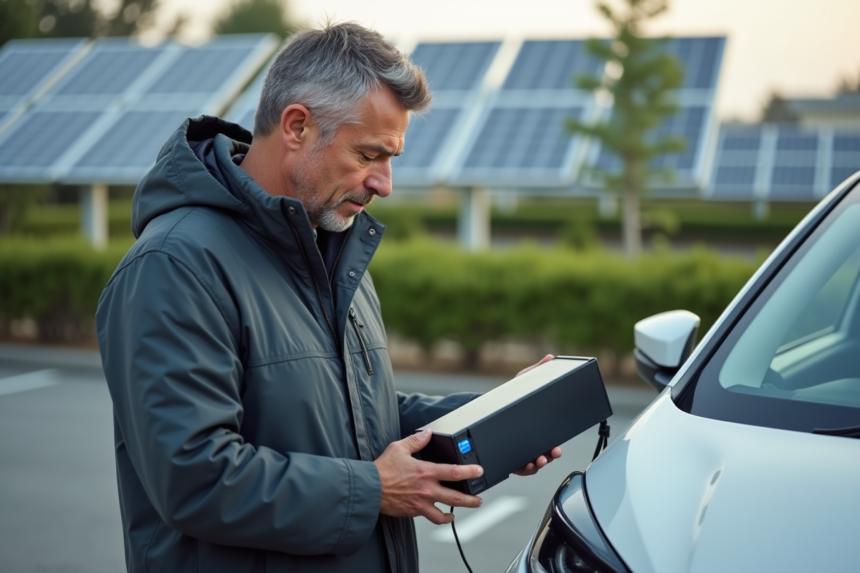Ingénieur homme examinant la batterie d'une voiture électrique