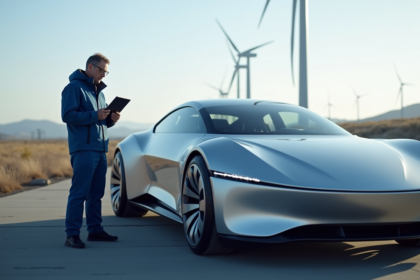Ingénieur homme examine prototype voiture hydrogene en extérieur