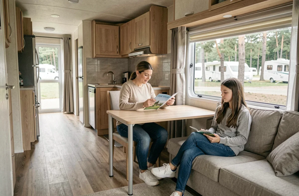 Intérieur spacieux et fonctionnel d'un mobil-home familial avec cuisine équipée et espace salon confortable