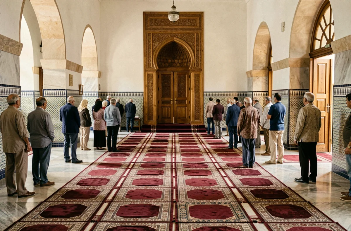 Intérieur d'une mosquée à Montauban avec tapis de prière alignés et fidèles se préparant pour la prière