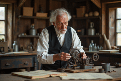 Inventeur aged en atelier vintage assemblant un prototype de moteur à eau
