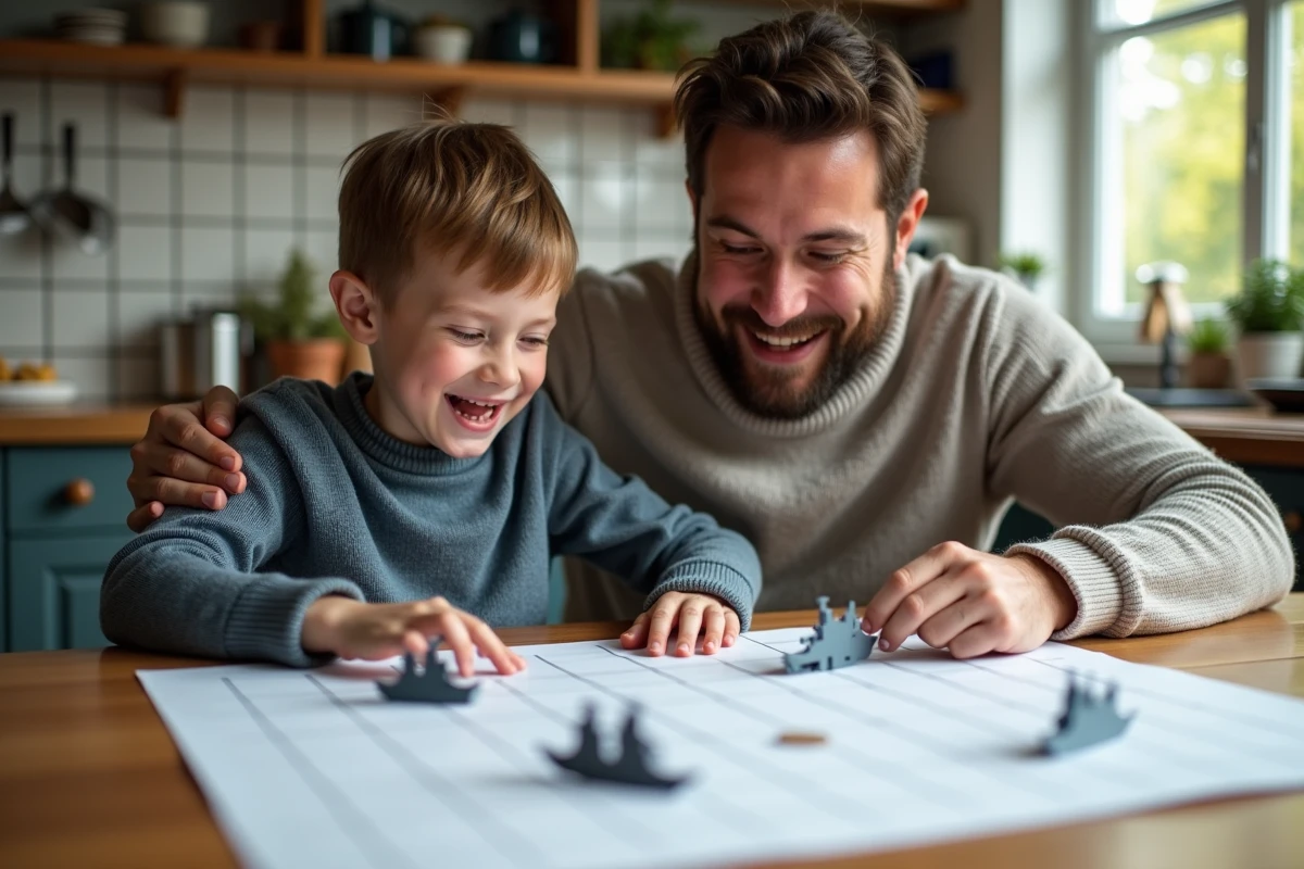 Un père et son fils jouent à la bataille navale en famille