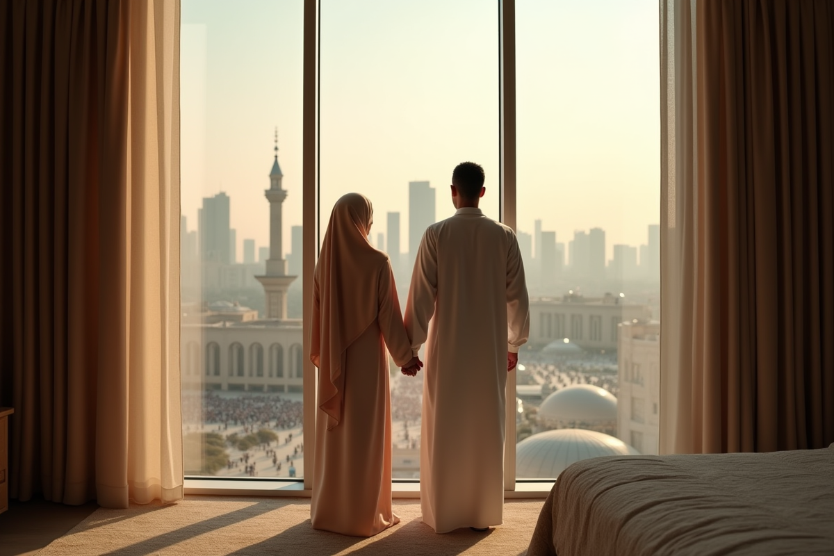 Jeune couple musulman regardant la ville de La Mecque par la fenêtre