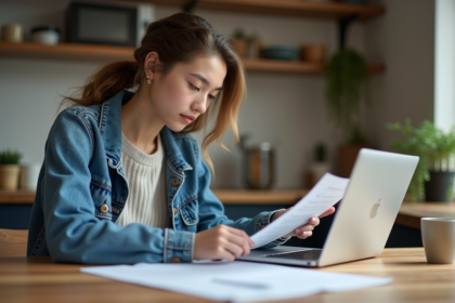 Jeune femme étudiant ses documents dans une cuisine chaleureuse