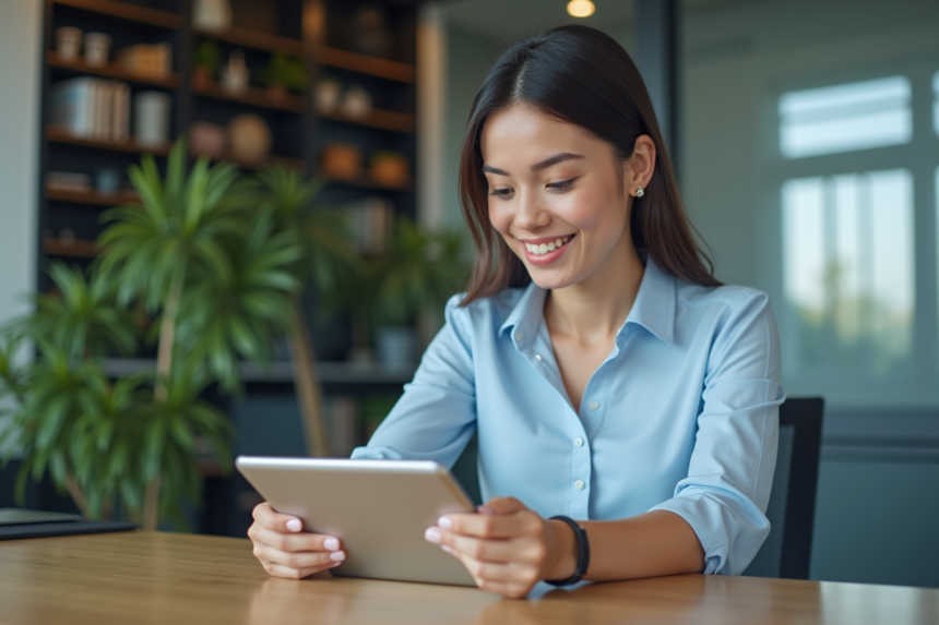 Jeune femme professionnelle utilisant une tablette dans un bureau moderne