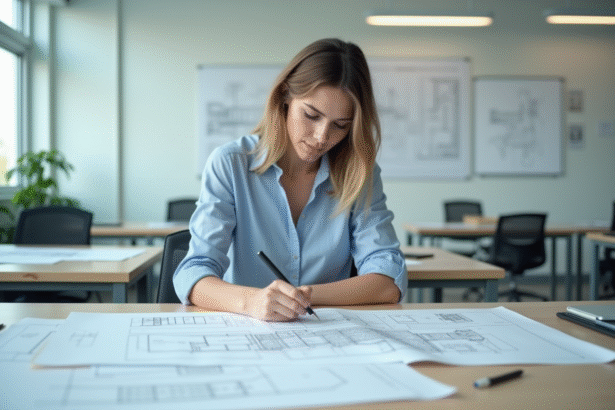 Jeune femme en bureau dessinant des plans d ingénierie civile