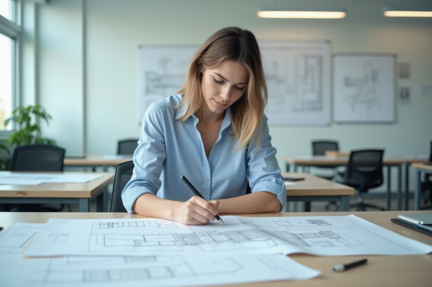 Jeune femme en bureau dessinant des plans d ingénierie civile
