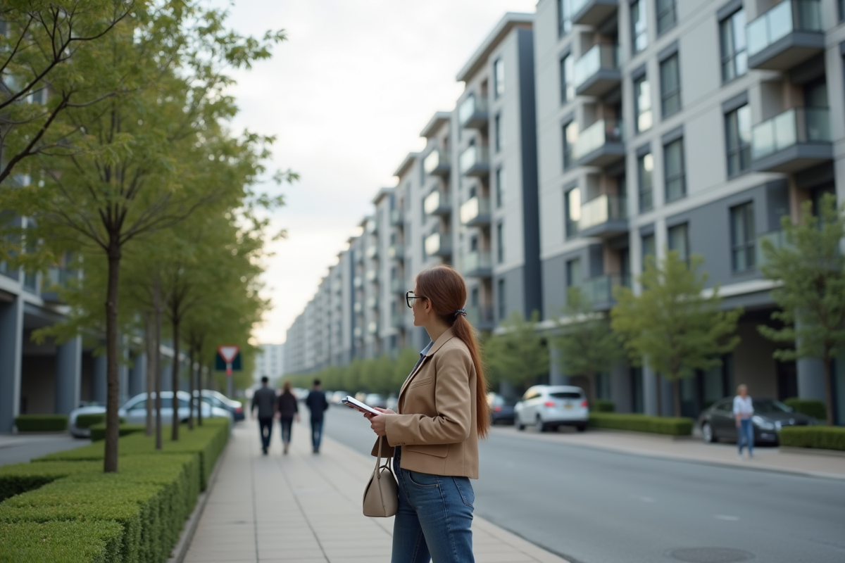Jeune femme observant des immeubles résidentiels en ville