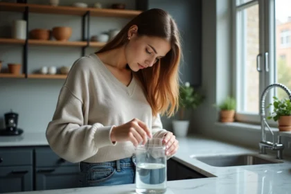Jeune femme mesure un litre d'eau dans une cuisine moderne