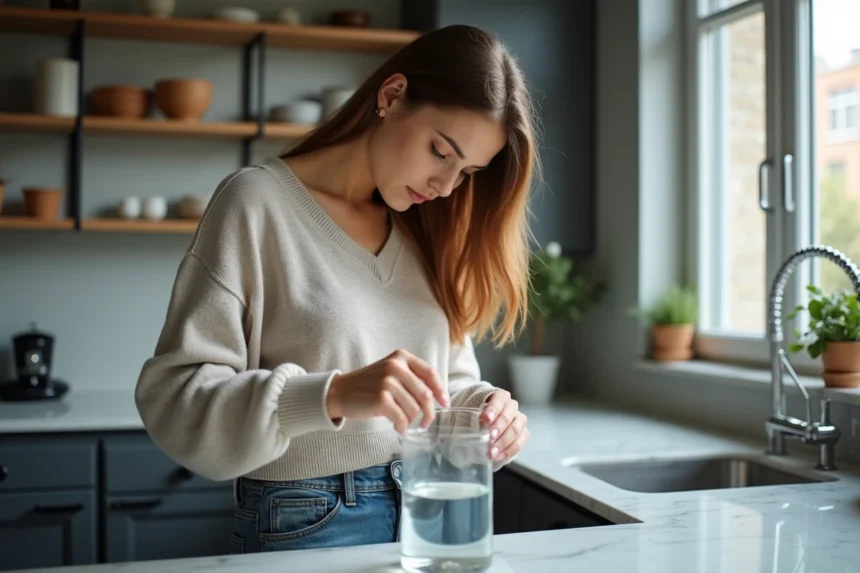 Jeune femme mesure un litre d'eau dans une cuisine moderne