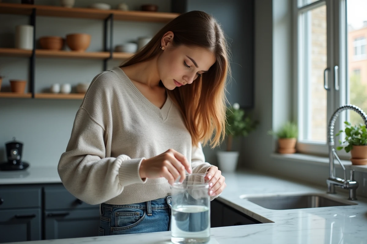 Jeune femme mesure un litre d'eau dans une cuisine moderne
