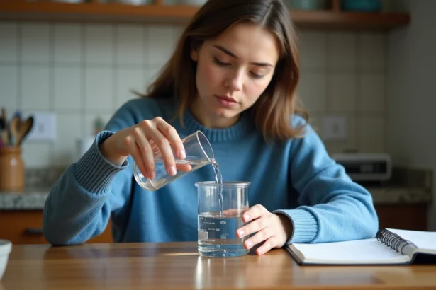 Jeune femme en sweater bleu verse de l'eau dans un bécher