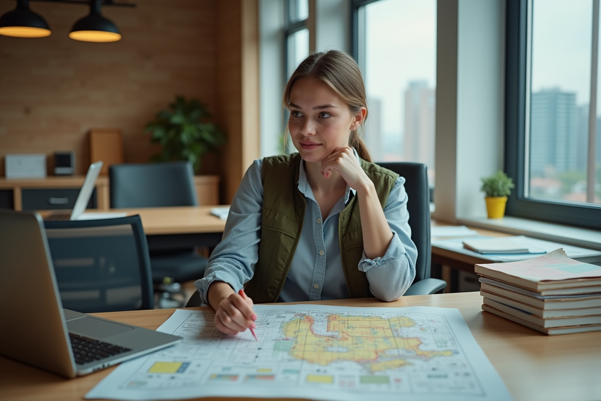 Jeune femme en bureau avec cartes et ordinateur