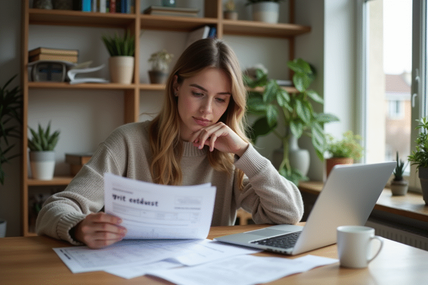 Jeune femme réfléchissant à ses documents de prêt étudiant dans un appartement lumineux