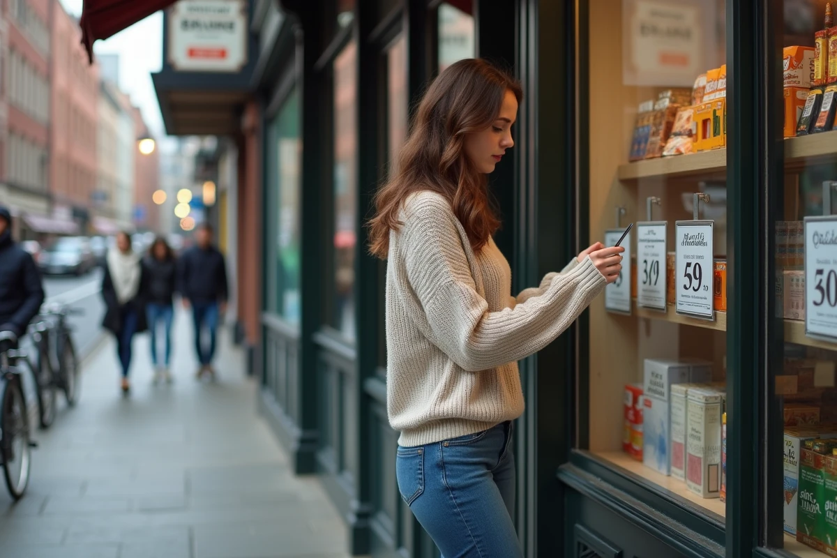 Jeune femme regardant les prix des tabacs dans une vitrine de bureau de tabac