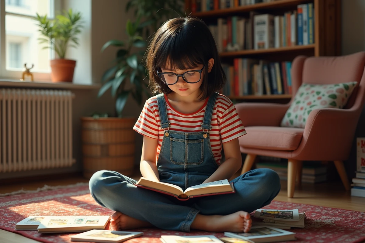 Jeune fille lisant manga français dans un salon parisien chaleureux