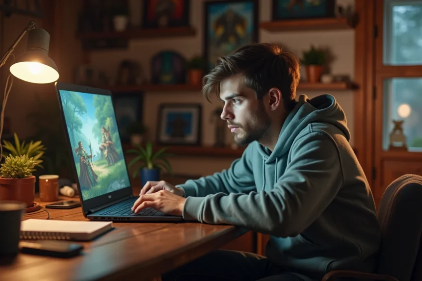 Jeune homme jouant à Dofus sur son ordinateur dans une chambre cosy