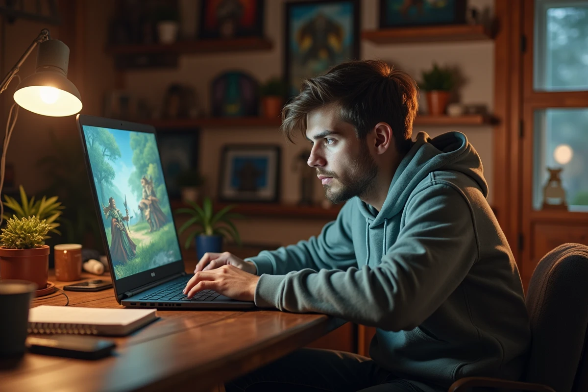 Jeune homme jouant à Dofus sur son ordinateur dans une chambre cosy